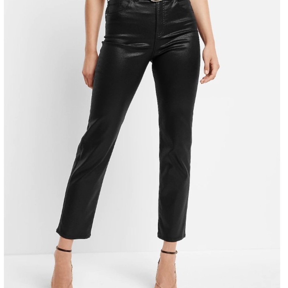 HIGH WAISTED BLACK COATED STRAIGHT ANKLE JEANS